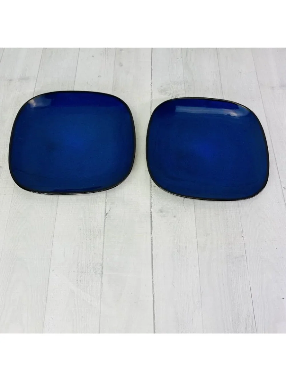 Gibson SOHO LOUNGE Solid Blue Black Edge Square Stoneware Lunch Plates Set of 4